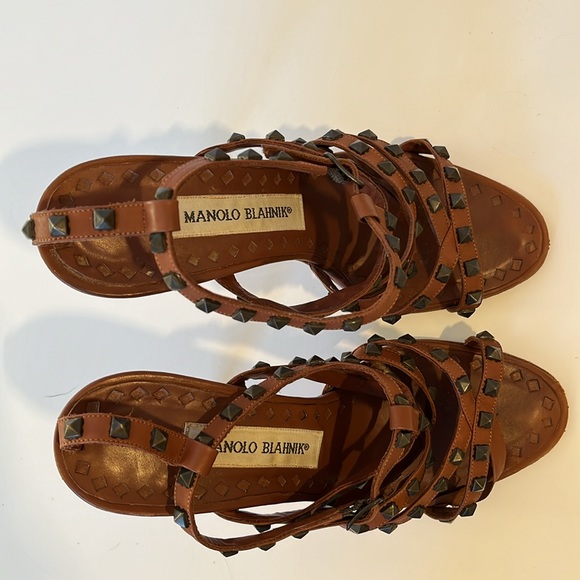 Manolo Blahnik Ibiza Bulgaro Luggage Brown Leather Studded Strappy Heels Sz 36 6 - Picture 6 of 8